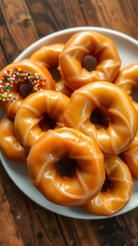 A plate of golden 8-shaped donuts with glaze and sprinkles on a wooden table.